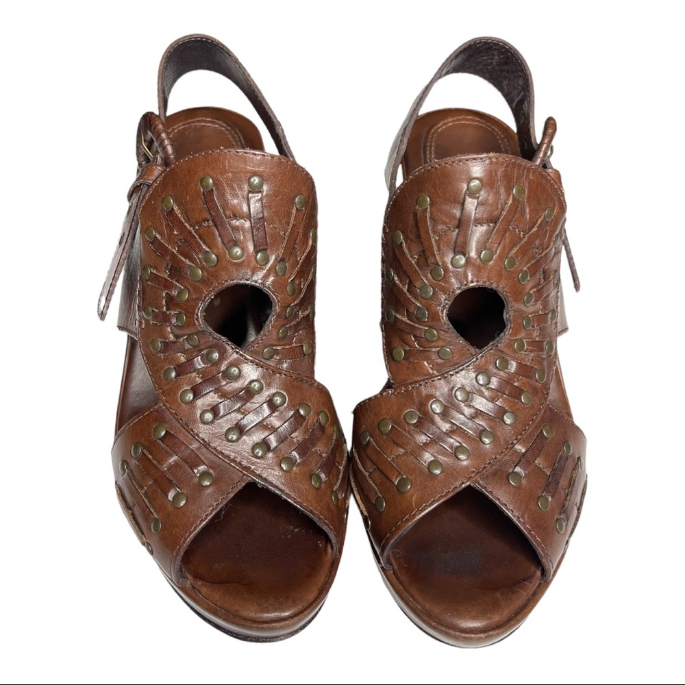 Frye Leather Brown Slingback Peep Toe Womens Size 6 Platform Heel